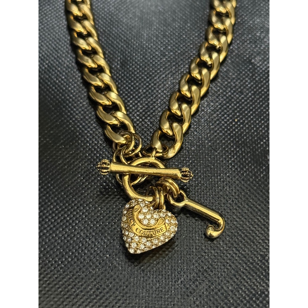 Juicy Couture Gold Tone Heart Charm Toggle Bracelet Crystal Rhinestone - Picture 4 of 5
